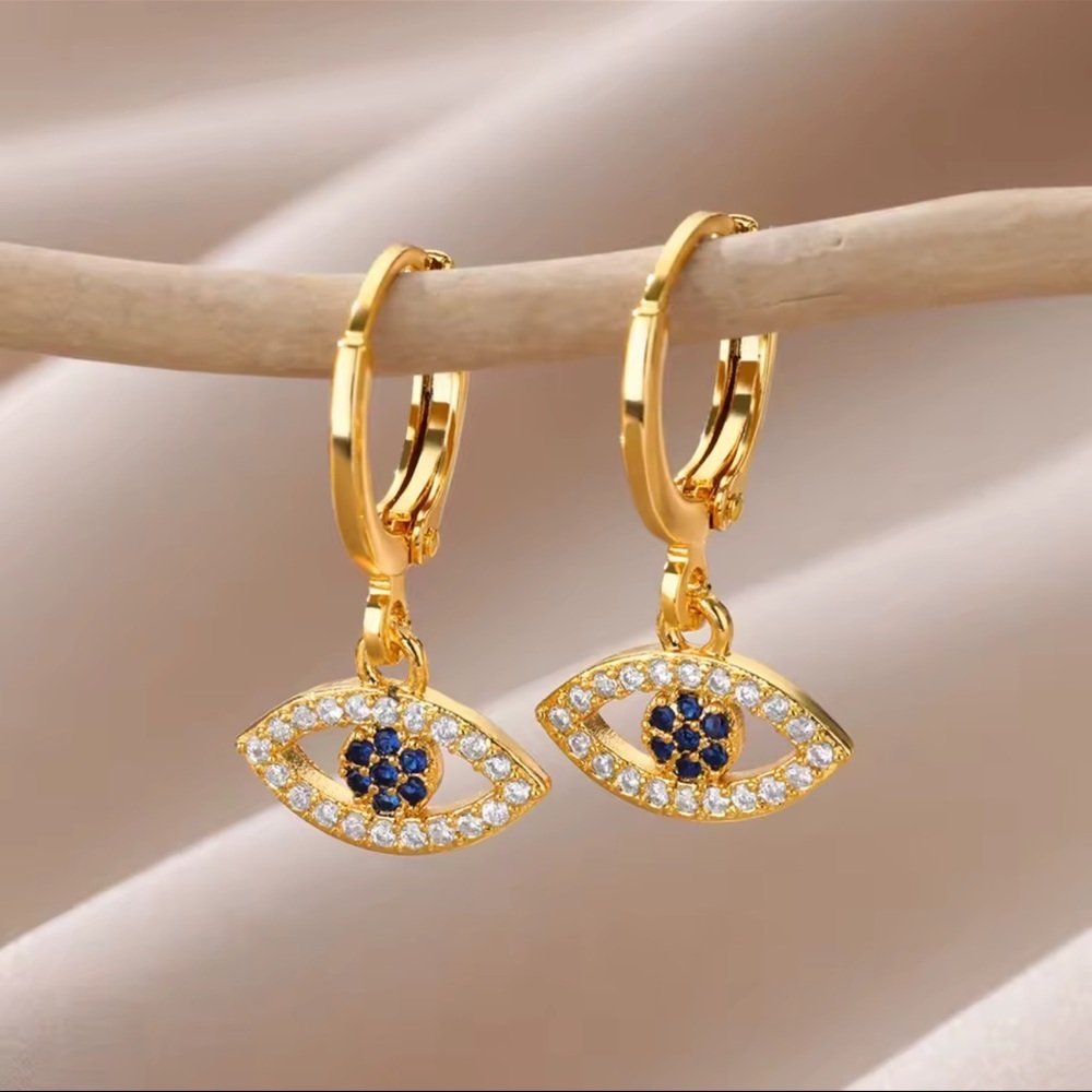 Gold Blue Eye Hoop Earrings